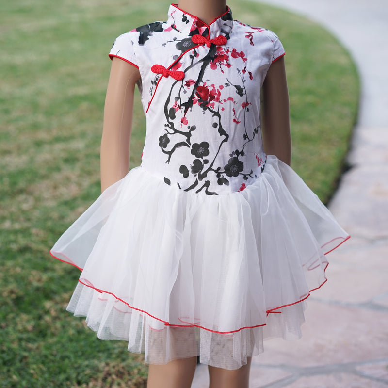 Red/White Plum Flower Cotton Cheongsam Style Dress