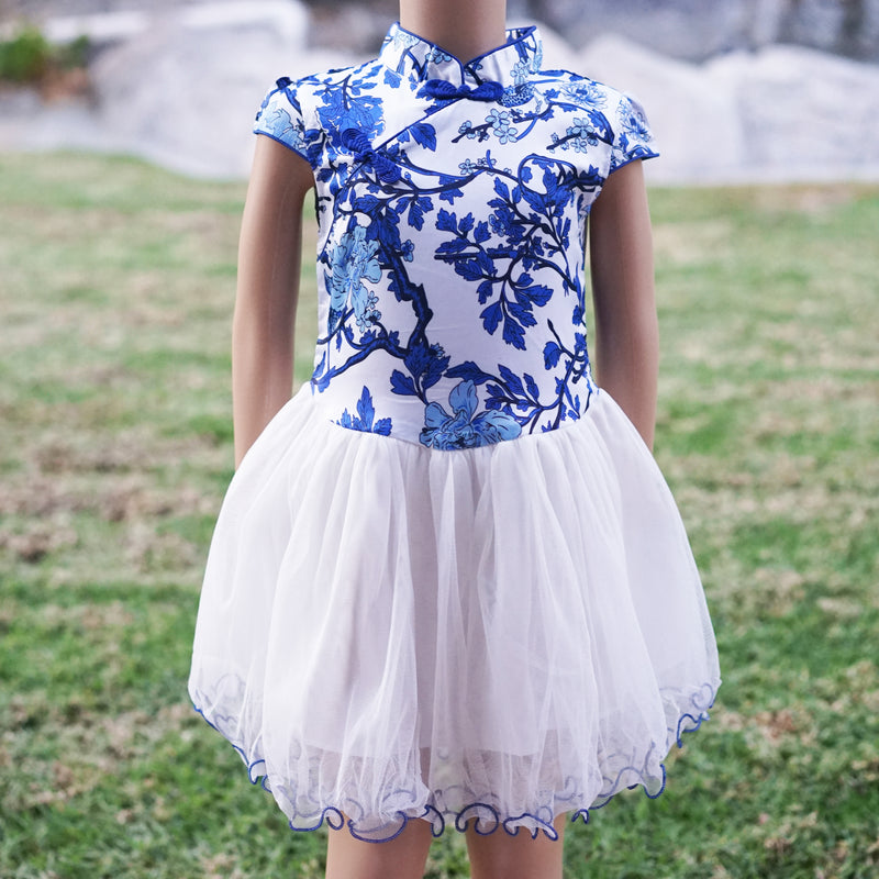 Blue/White Flower Silk Cheongsam Style Dress