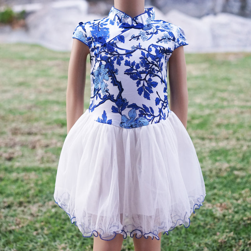 Blue/White Flower Silk Cheongsam Style Dress