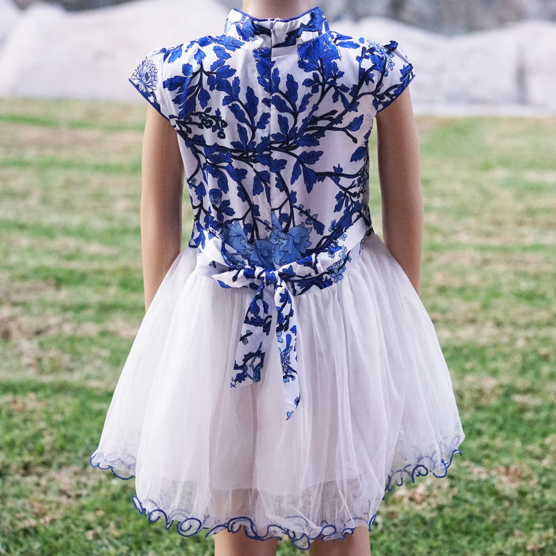 Blue/White Flower Silk Cheongsam Style Dress