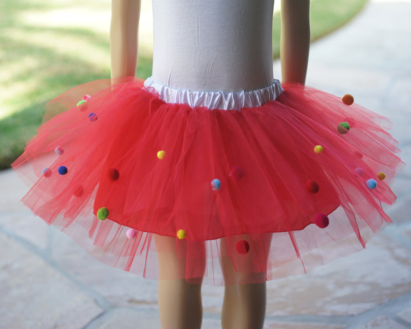 Rainbow Pom-Pom Red Tutu Skirt