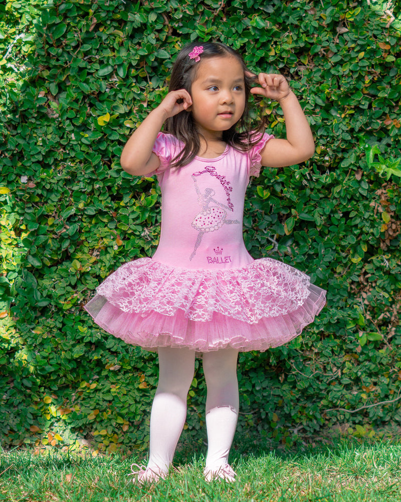 Pink Lace Ballet Girl Short-Sleeve Ballet Dress