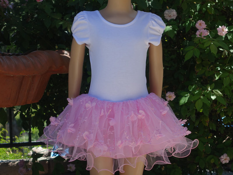 White & Pink 3-D Flower Tutu Short Sleeve Ballet Dress