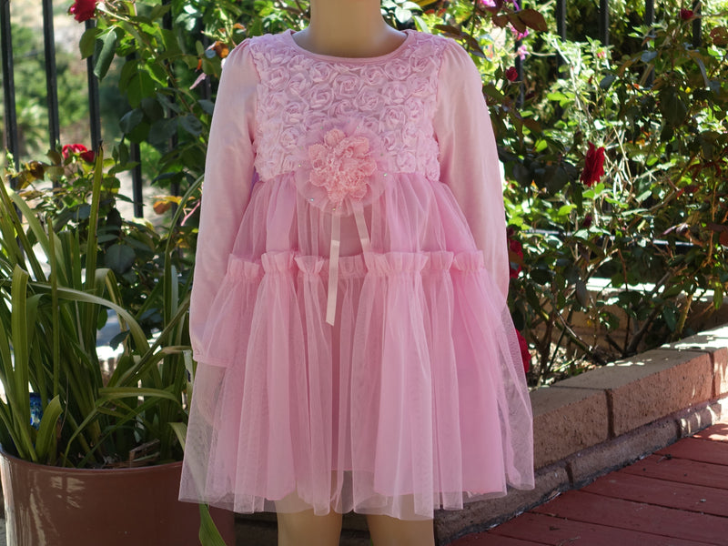 Pink 3-D Flower Long Sleeve Dress