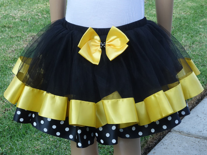 Black Yellow Bumble Bee Polka dot  Ribbon Tutu Skirt