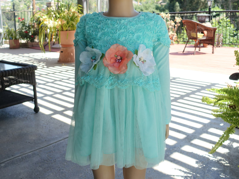 Teal 3-D Flowers Long Sleeve Dress