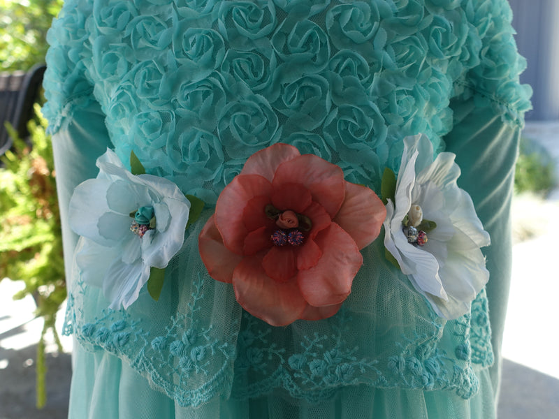 Teal 3-D Flowers Long Sleeve Dress