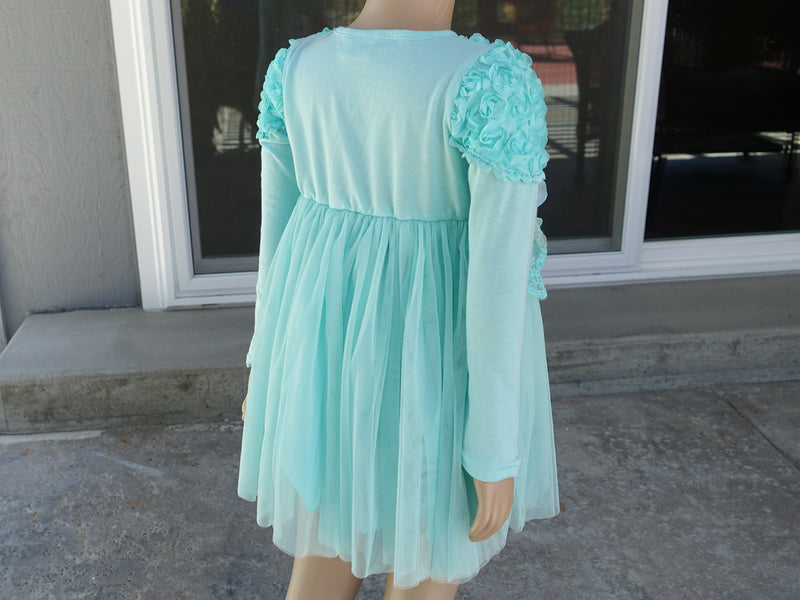 Teal 3-D Flowers Long Sleeve Dress