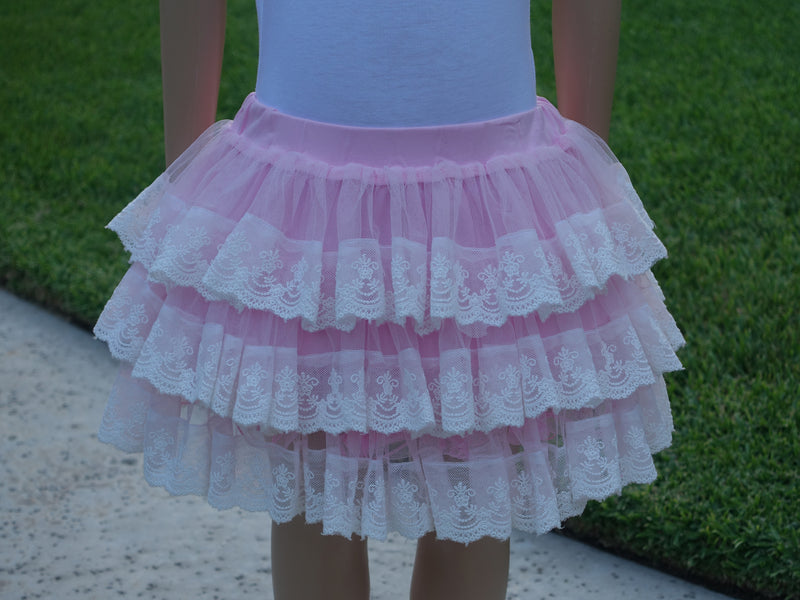 White Lace Trim Pink Tutu Skirt