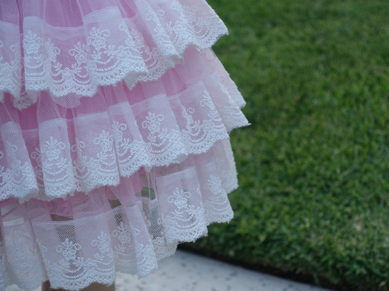 White Lace Trim Pink Tutu Skirt