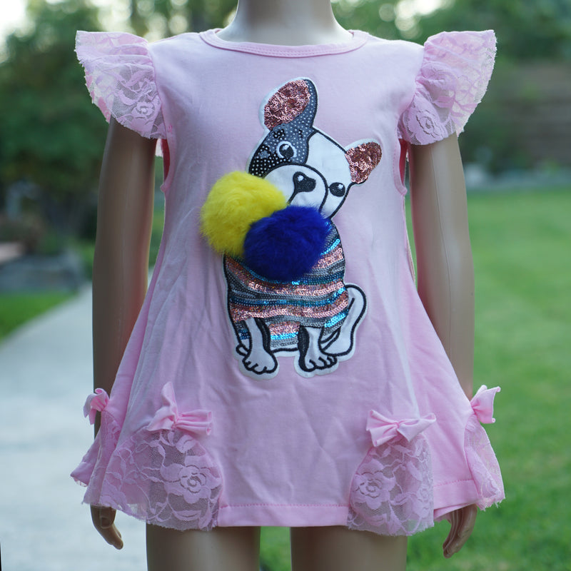 Pink Sequins French Bulldog Pom-Pom Swing Dress