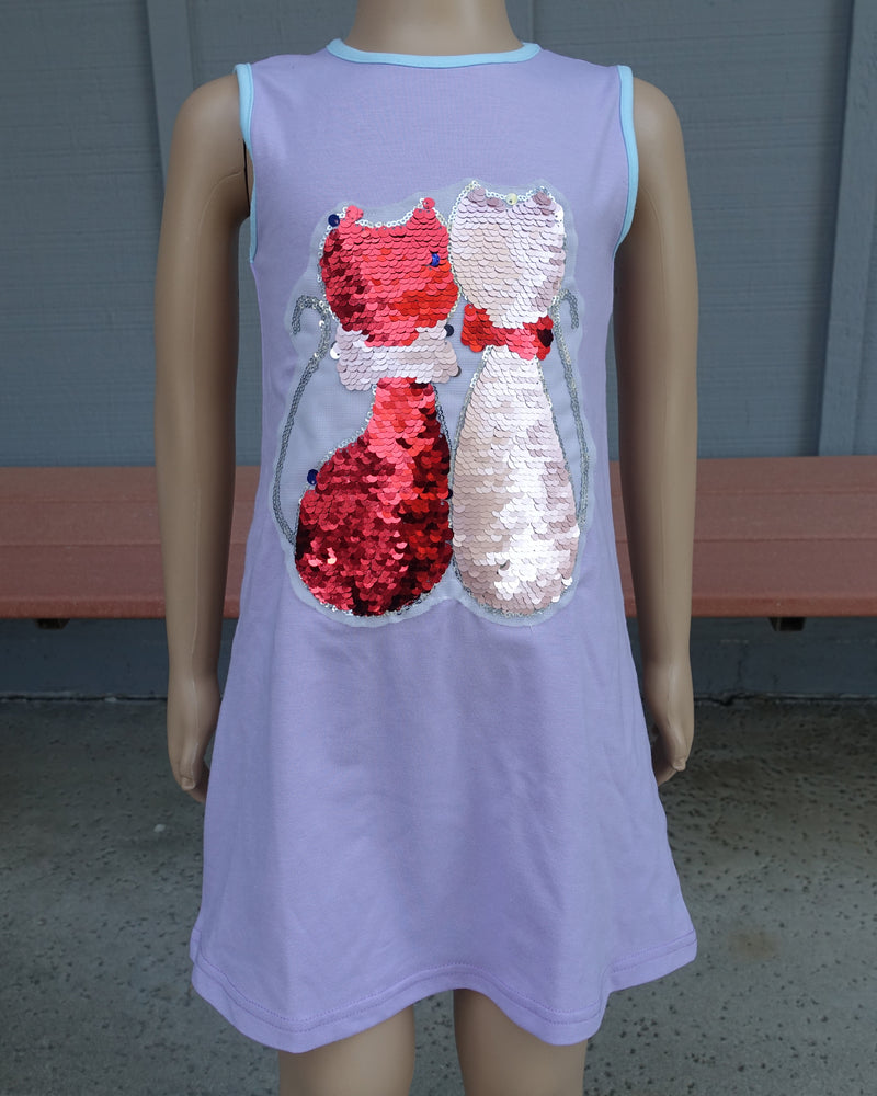 Lavender Reversible Sequins Dual Cat Cotton Dress