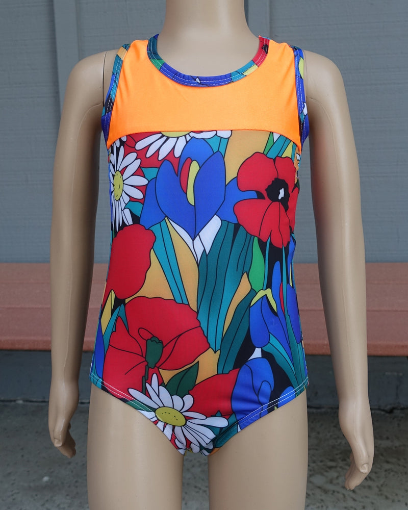 Orange Floral T-Back  Leotard