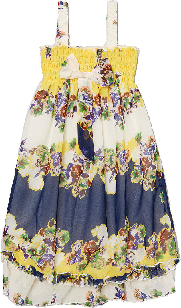 Yellow/Royal Blue Floral Chiffon Baby Doll Dress