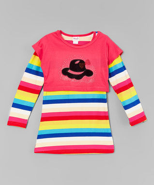 Rainbow Long Sleeve Cotton Dress With Hot Pink Vest