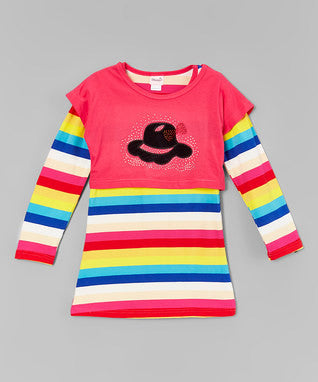 Rainbow Long Sleeve Cotton Dress With Hot Pink Vest