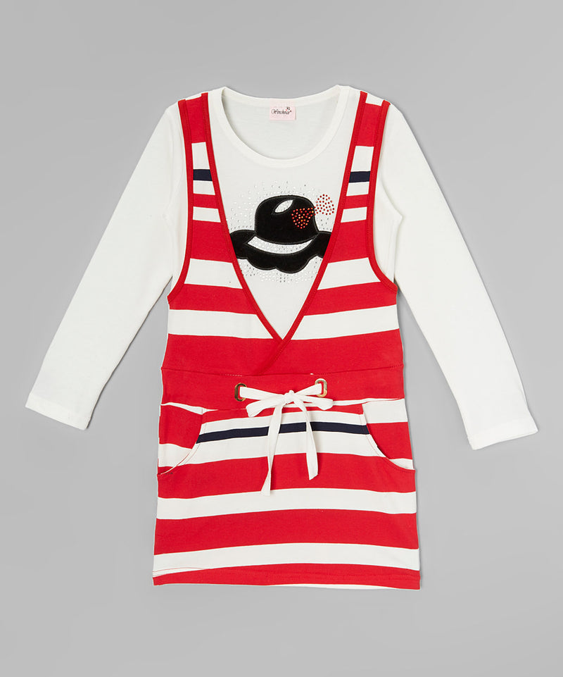 Red/White Striped Cotton Vest Dress With White Long Sleeve Shirt