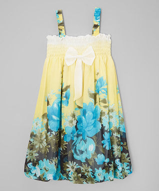 Yellow & Blue Floral Chiffon Baby Doll Dress