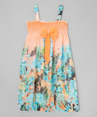 Orange & Blue Floral Chiffon Baby Doll Dress