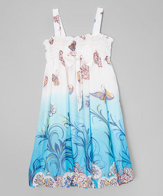 Blue & White Butterfly & Tree Chiffon Baby Doll Dress