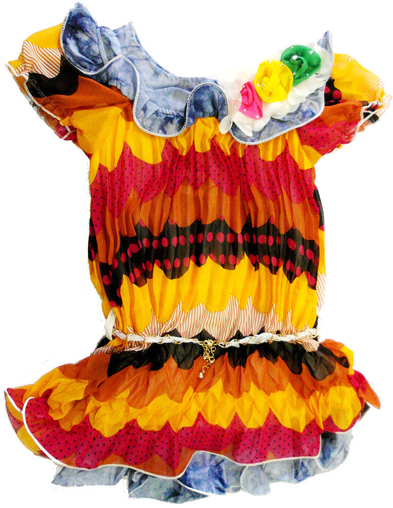 Colorful Denim Trim Crinkling Chiffon Dress