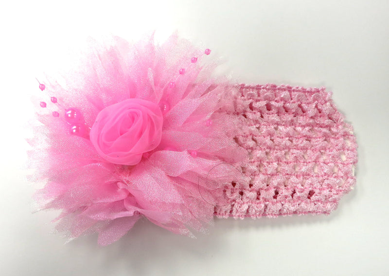 Pink Rose Pearls Crochet Headband