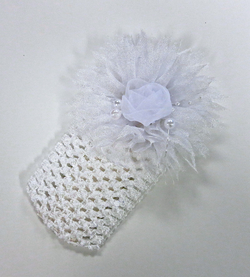 White Rose Pearls Crochet Headband