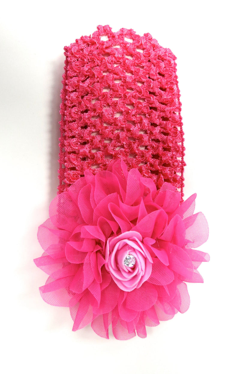 Hot Pink Rose Rhinestone Crochet Headband