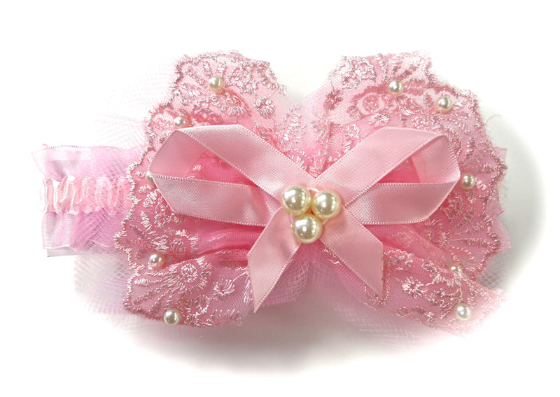 Pink Lace Bow Pearls Elastic Headband
