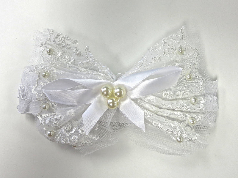 White Lace Bow Pearls Elastic Headband