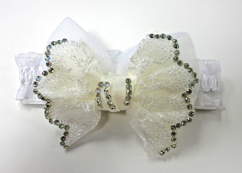 White Lace Bow Rhinestone Elastic Headband