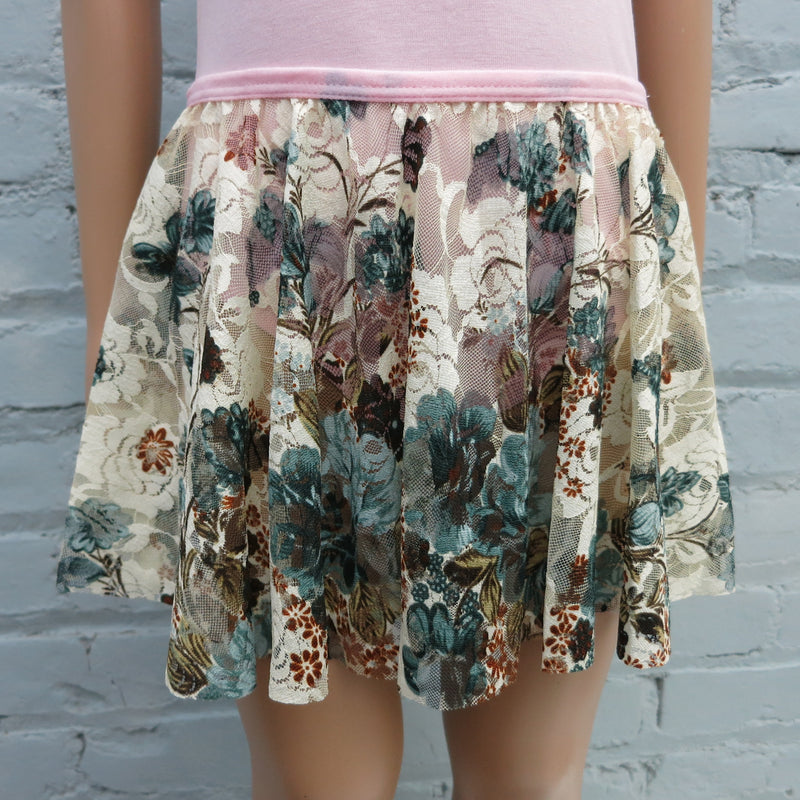 Blue Brown Beige Lace Floral Hi-Low Skirt