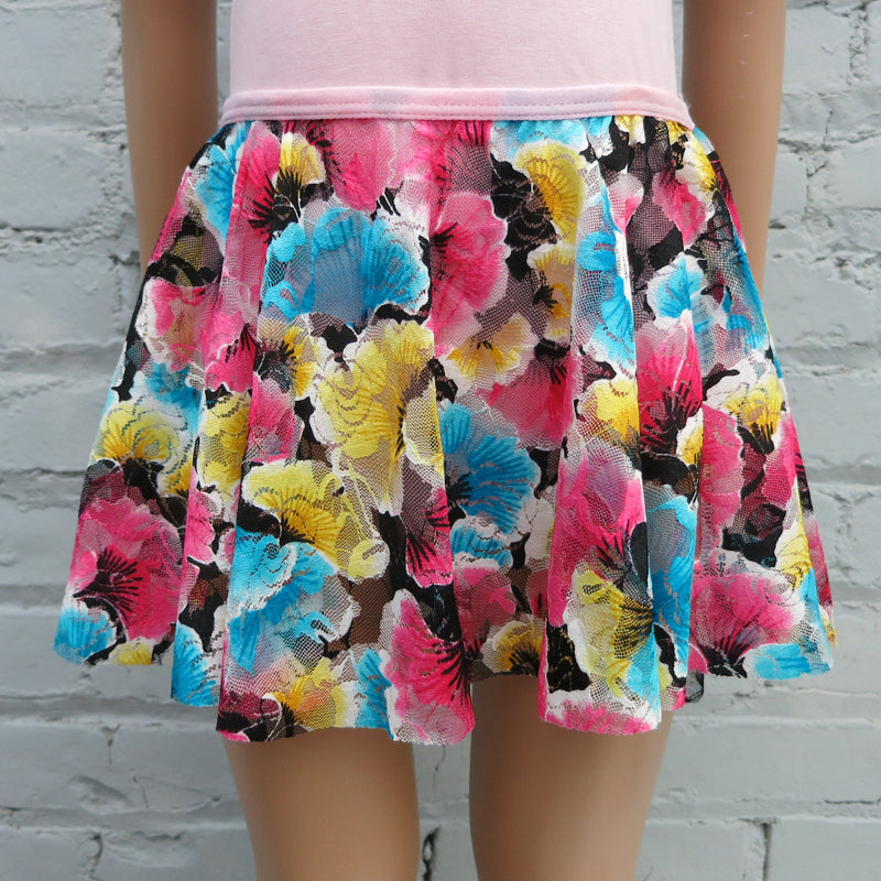 Blue Yellow Hot Pink Lace Floral Hi-Low Skirt