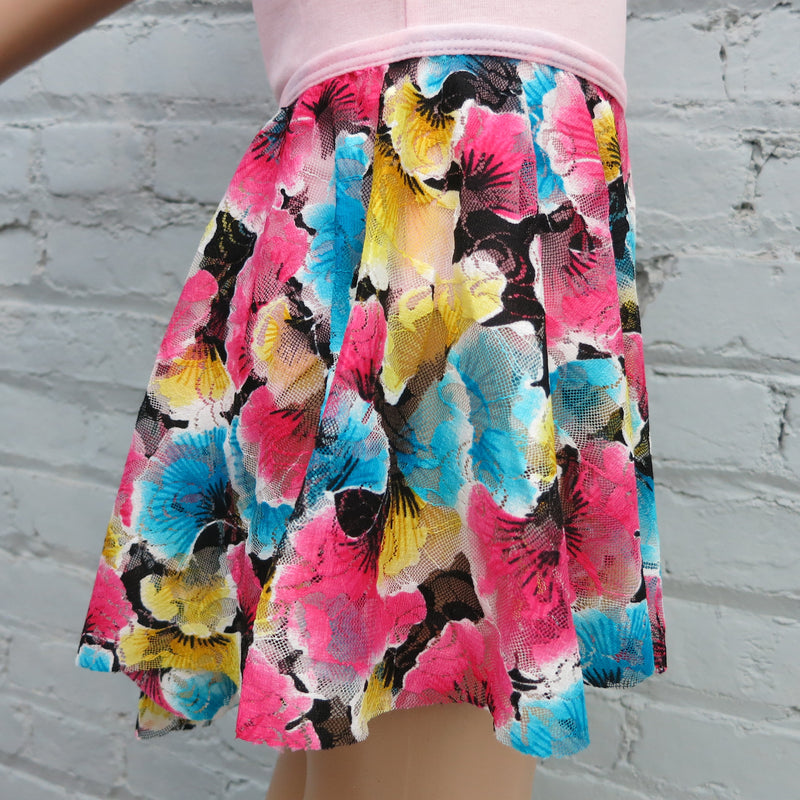 Blue Yellow Hot Pink Lace Floral Hi-Low Skirt