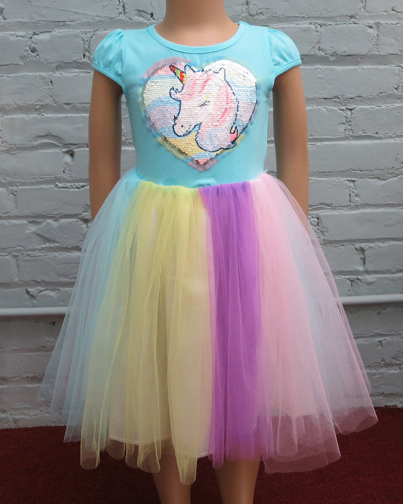 Blue Sequins Unicorn Rainbow Tulle Dress