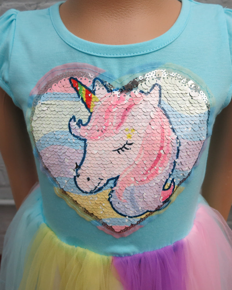 Blue Sequins Unicorn Rainbow Tulle Dress