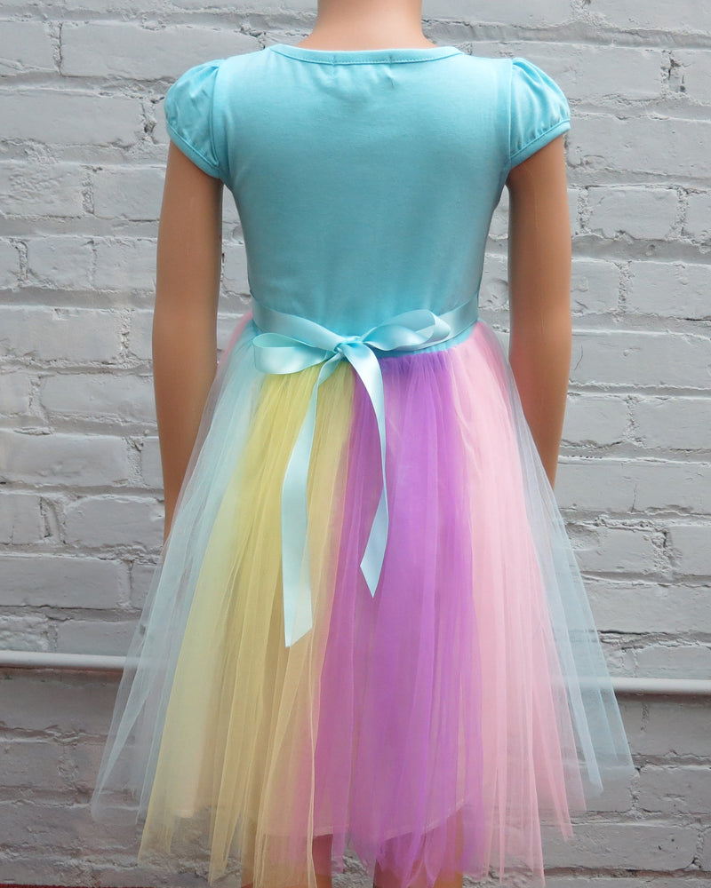 Blue Sequins Unicorn Rainbow Tulle Dress