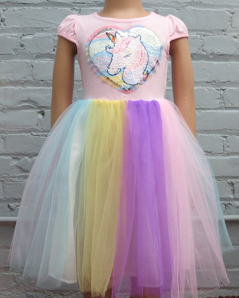 Pink Sequins Unicorn Rainbow Tulle Dress