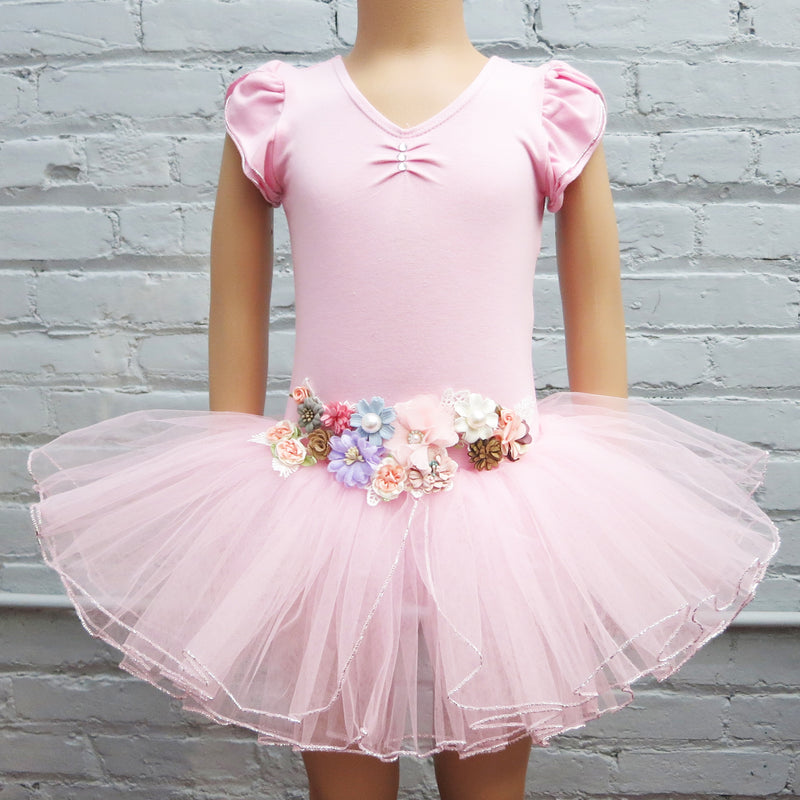 Pink 3D Flowers Silver Trim Ballet Dress