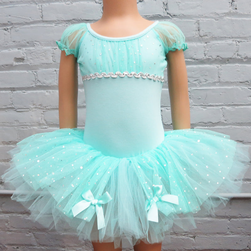 Teal Rhinestone Silver Trim Bow Ballet Dress