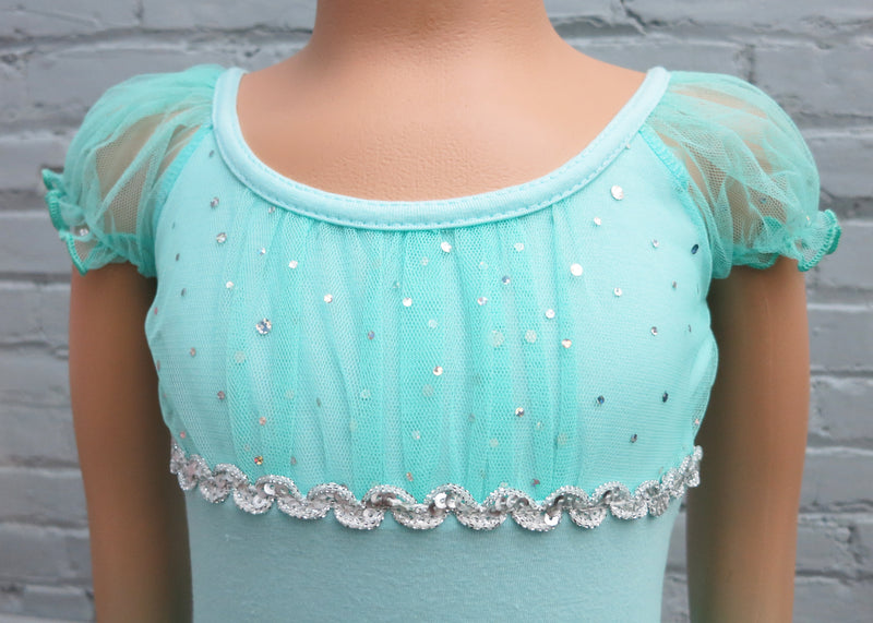 Teal Rhinestone Silver Trim Bow Ballet Dress