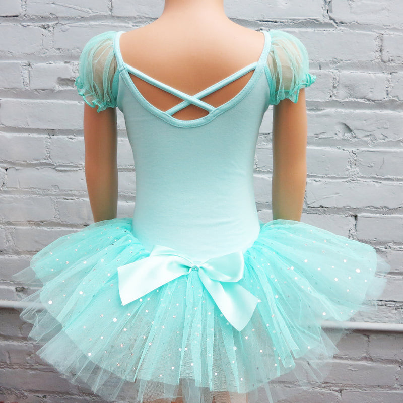 Teal Rhinestone Silver Trim Bow Ballet Dress