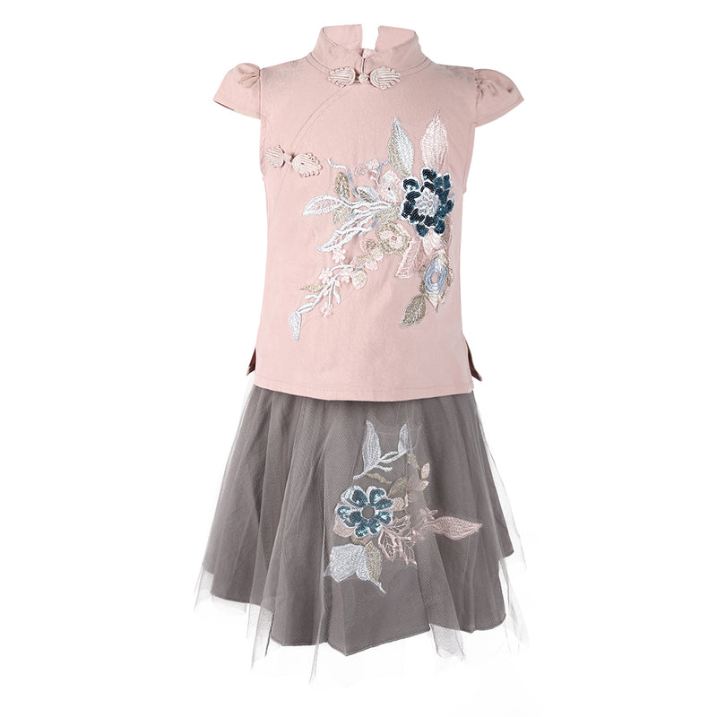 Pink Gray Embroidery 2-Pieces Cotton Dress