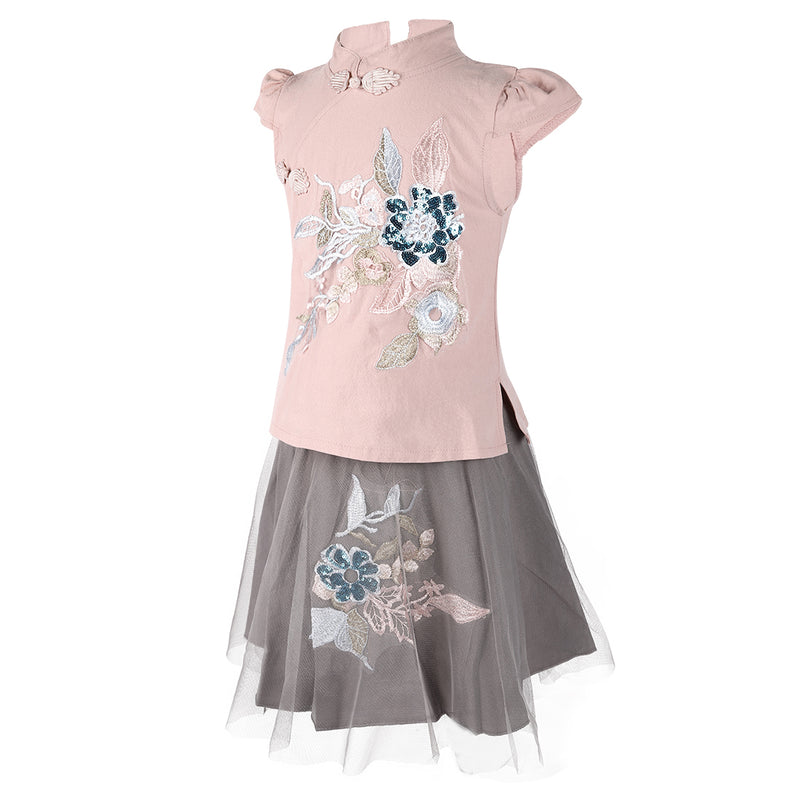 Pink Gray Embroidery 2-Pieces Cotton Dress