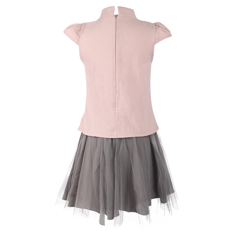 Pink Gray Embroidery 2-Pieces Cotton Dress