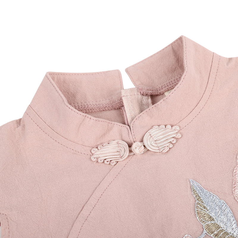 Pink Gray Embroidery 2-Pieces Cotton Dress