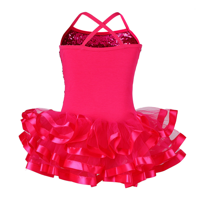 Hot Pink Sequins Cross Back Ribbon Ballet Dress