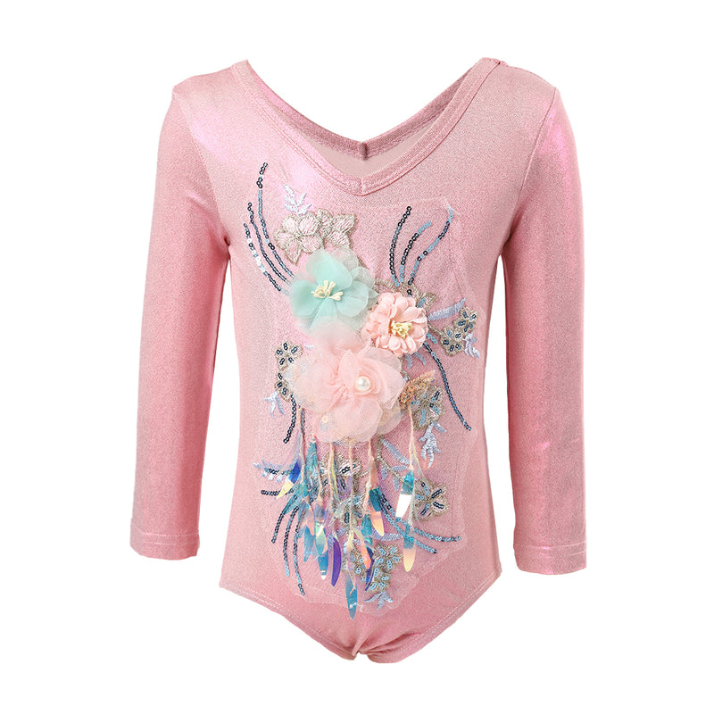 Pink Long Sleeve 3D Flowers Competition Leotard