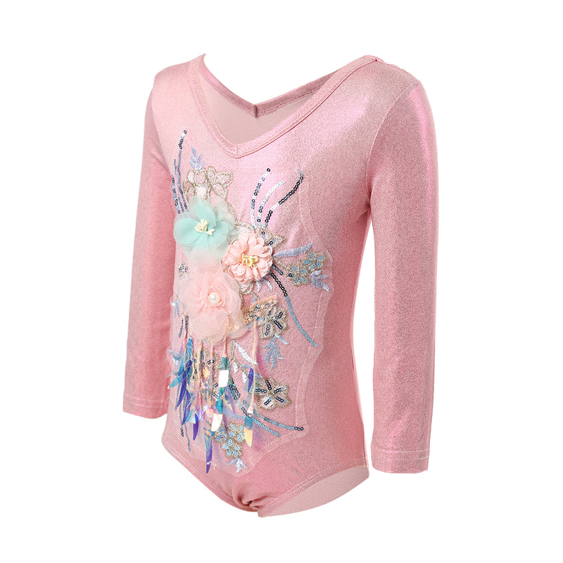 Pink Long Sleeve 3D Flowers Competition Leotard