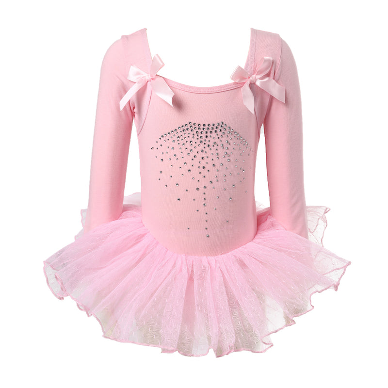 Pink Rhinestone Bow Long-Sleeve Ballet Dress